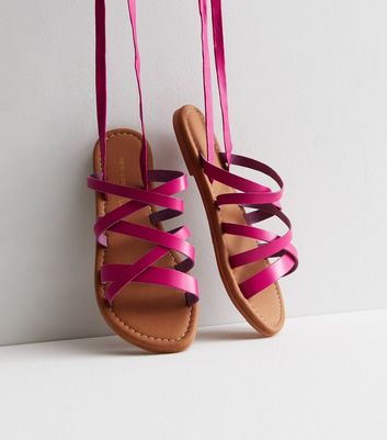 Bright Pink Leather Multi Strap Tie Sandals | New Look