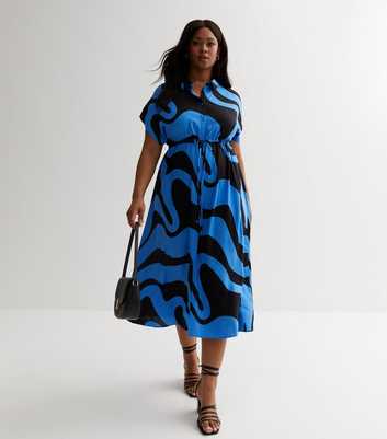 Curves Blue Doodle Print Tie Waist Midi Shirt Dress