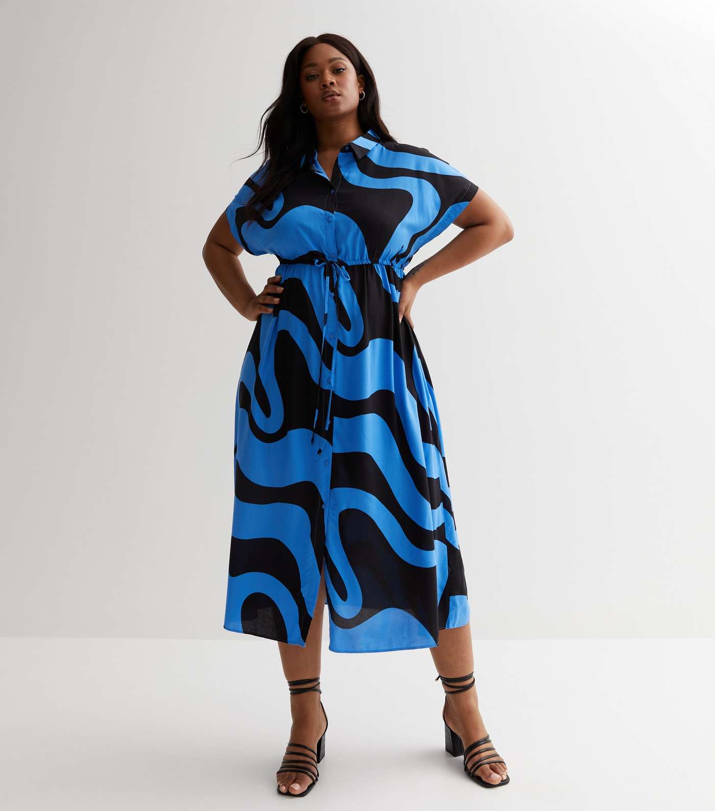 Curves Blue Doodle Print Tie Waist Midi Shirt Dress Image 3