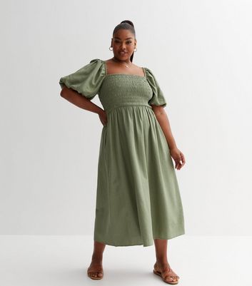 Curves Olive Shirred Square Neck Midaxi Dress New Look