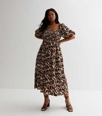 Curves Black Animal Print Shirred Puff Sleeve Midi Dress