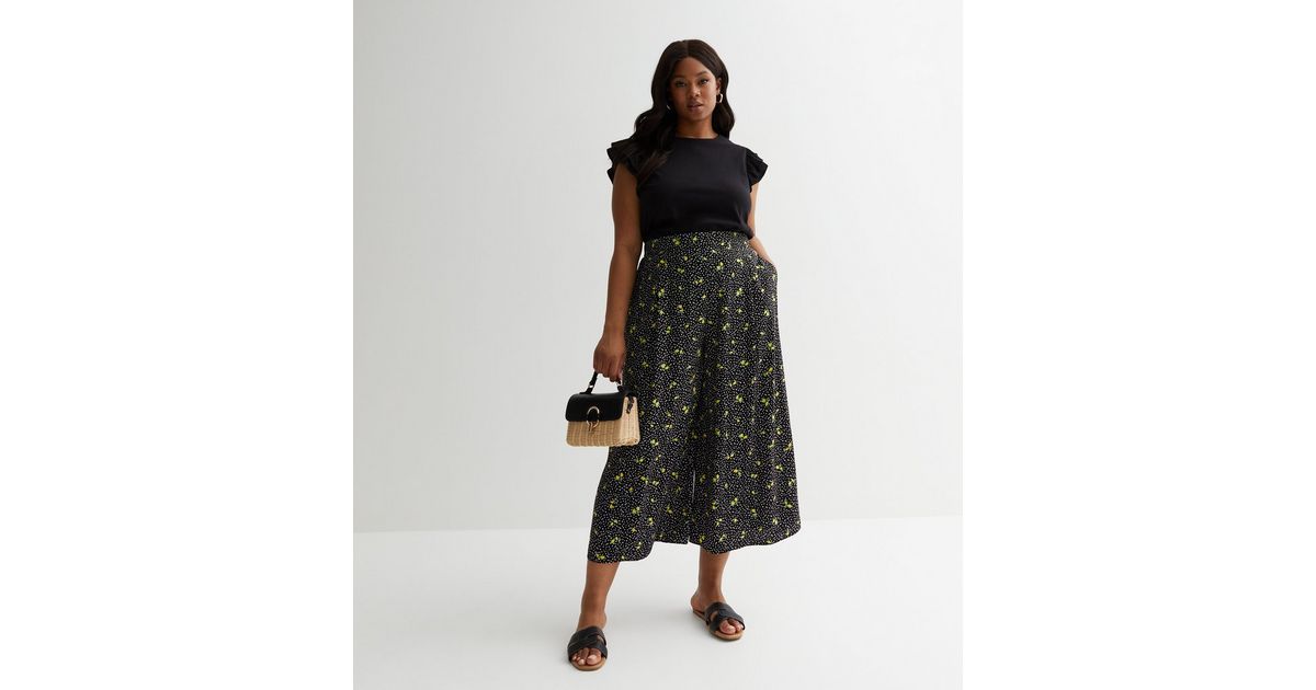 Black Lemon Spot Wide Leg Crop Trousers