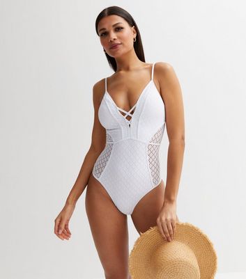 White Crochet Plunging Swimsuit New Look