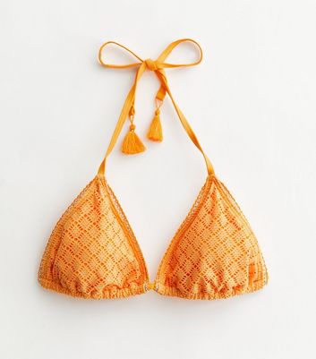 Bright Orange Crochet Triangle Bikini Top New Look