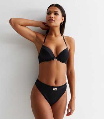 Black Ribbed Monogram Underwired Bikini Top