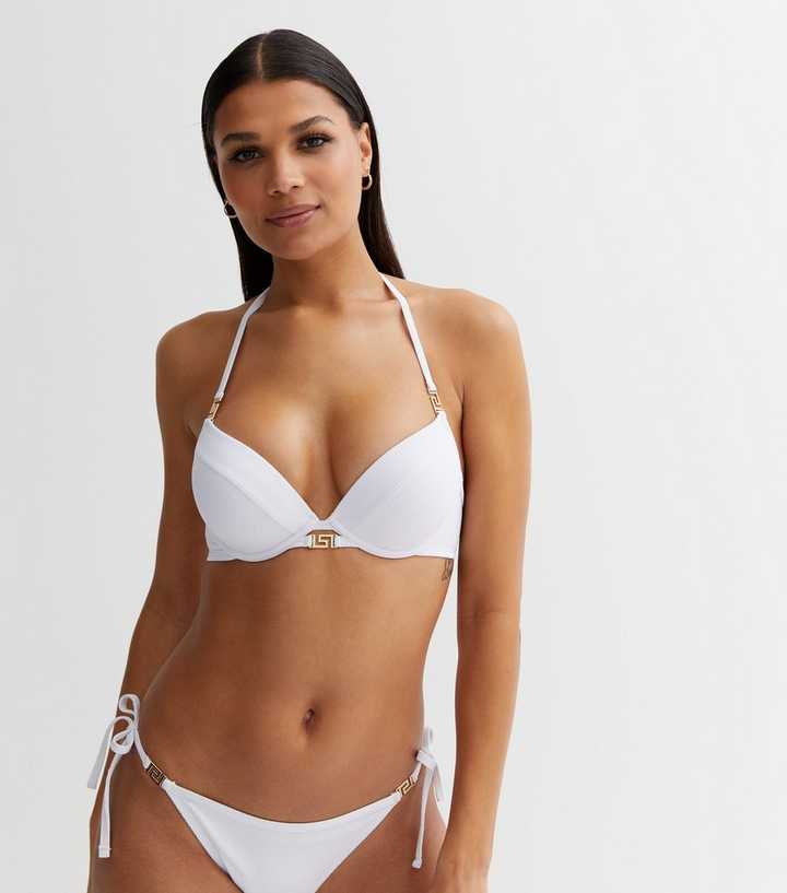 New Look monogram scoop bikini top in white