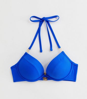 Bright Blue Ribbed Monogram Underwired Bikini Top New Look