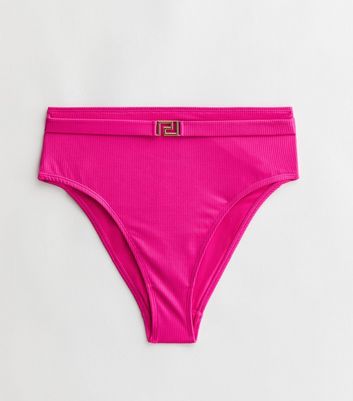 Bright Pink Ribbed Monogram High Waist Bikini Bottoms New Look