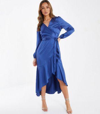 QUIZ Bright Blue Satin Frill Midi Wrap Dress