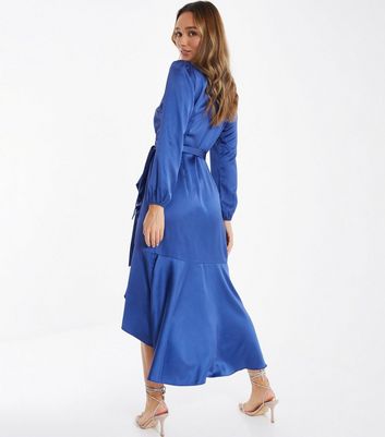 QUIZ Bright Blue Satin Frill Midi Wrap Dress New Look