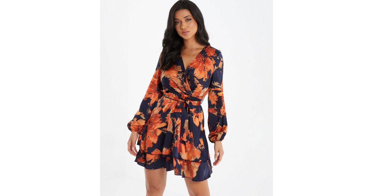 QUIZ Navy Floral Tiered Mini Wrap Dress | New Look