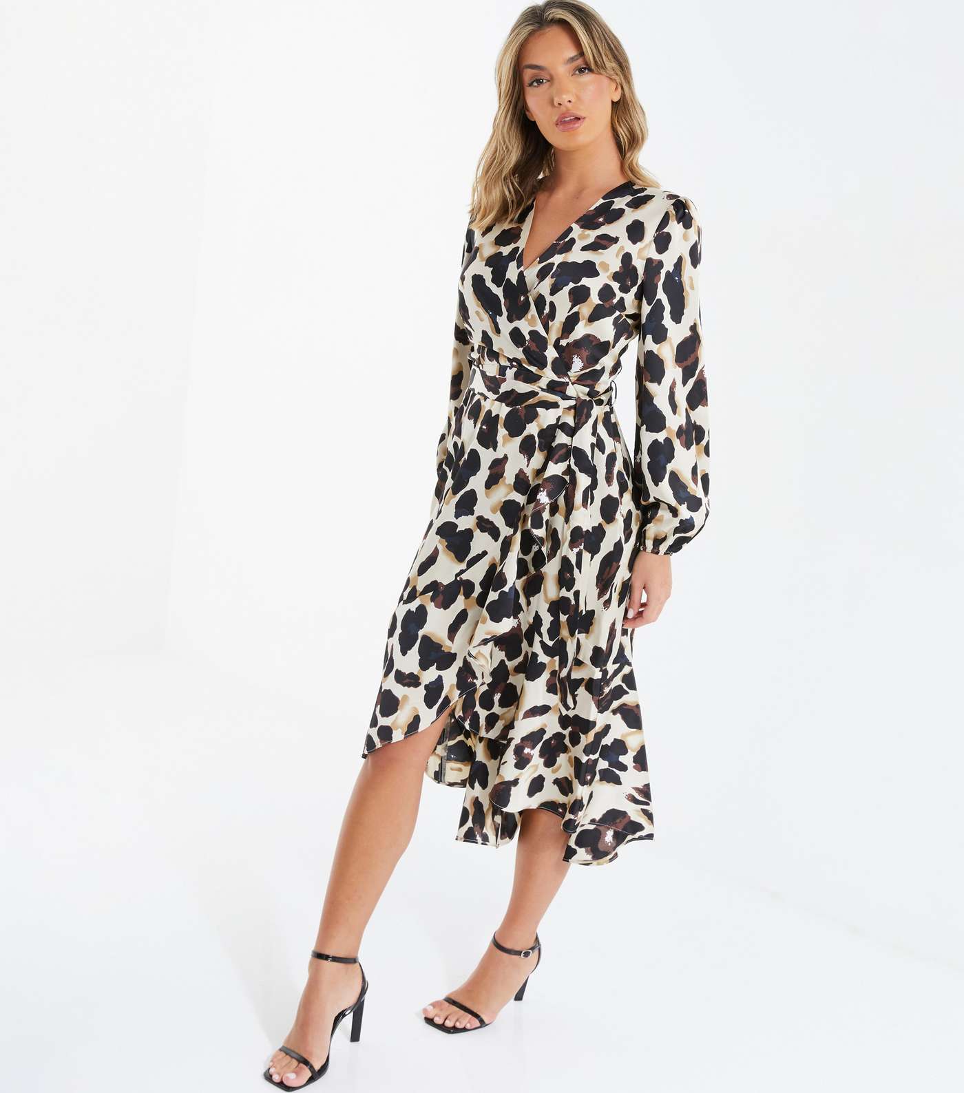 QUIZ Off White Leopard Print Satin Long Puff Sleeve Midi Wrap Dress Image 2