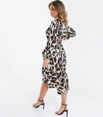 QUIZ Off White Leopard Print Satin Long Puff Sleeve Midi Wrap Dress New Look