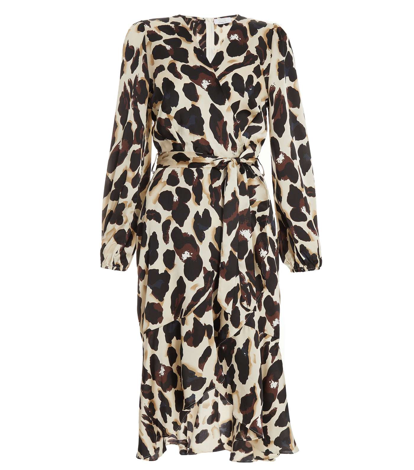 QUIZ Off White Leopard Print Satin Long Puff Sleeve Midi Wrap Dress Image 4