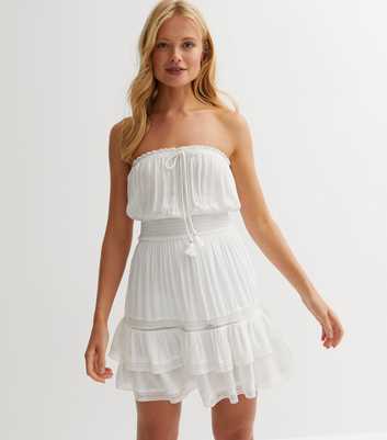 White Lace Trim Tiered Mini Bandeau Beach Dress