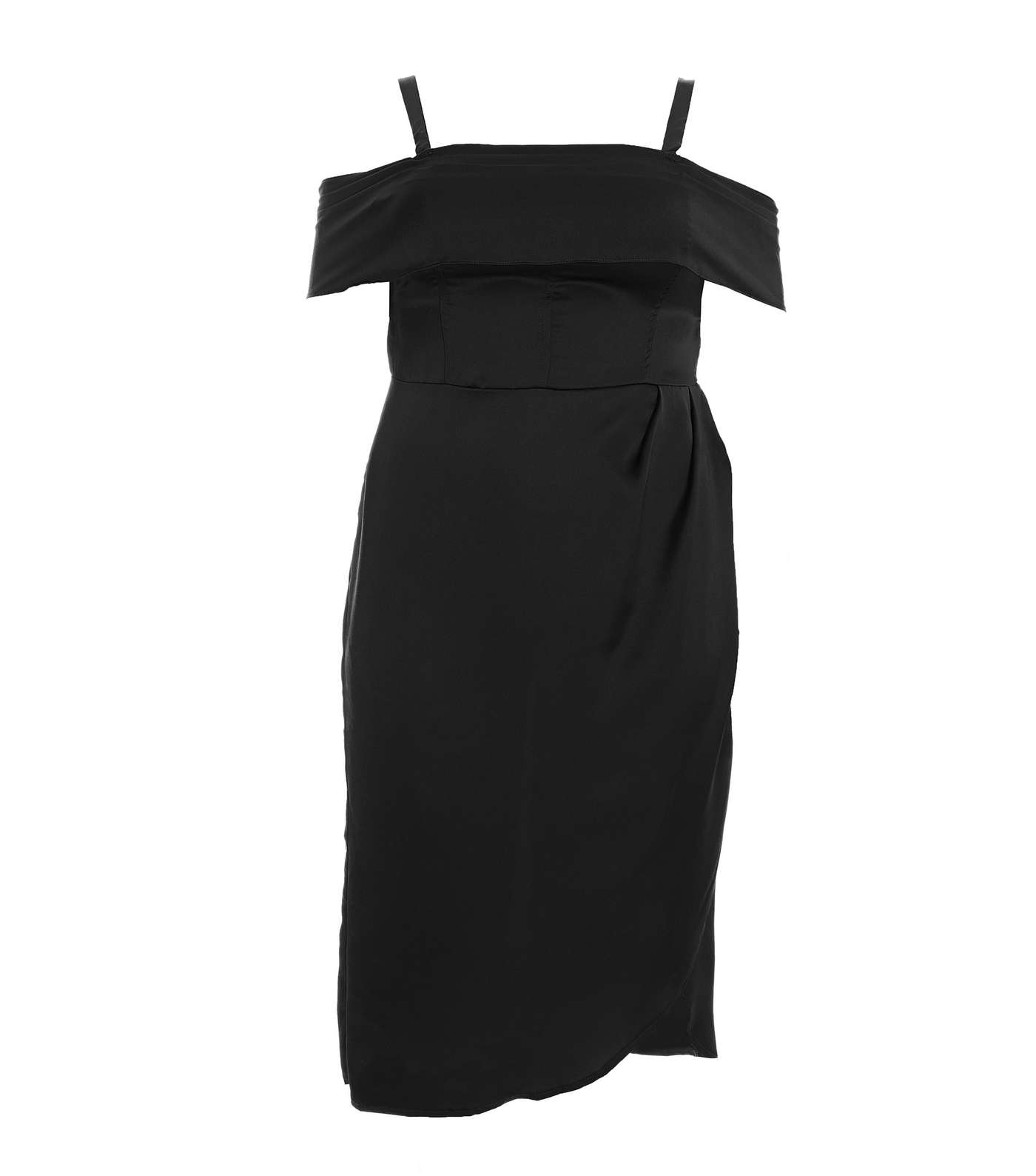 QUIZ Curves Black Satin Strappy Cold Shoulder Midi Dress Image 4