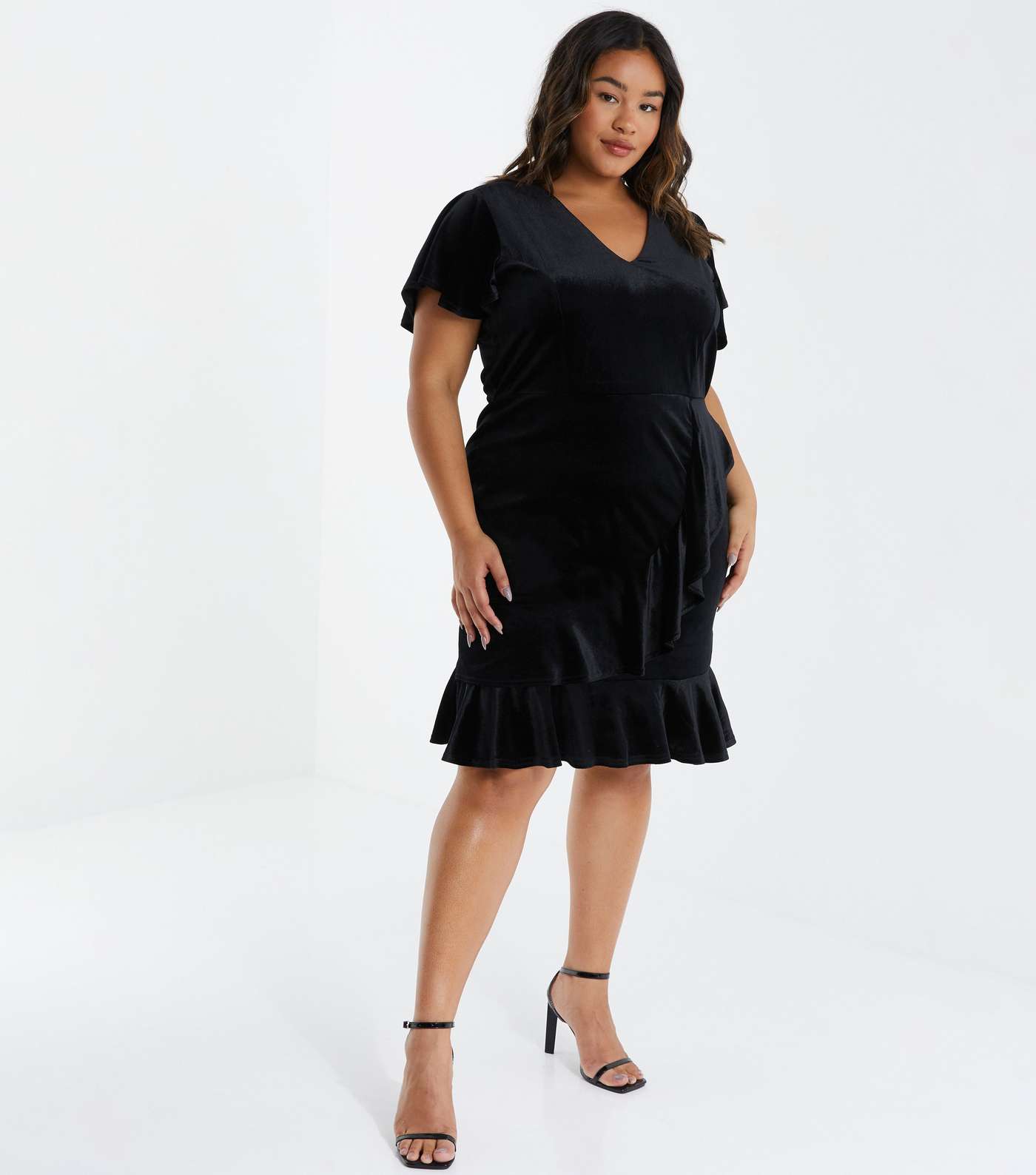 QUIZ Curves Black Velvet Short Sleeve Frill Mini Dress Image 2