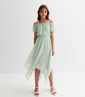 Girls Light Green Chiffon Hanky Hem Bardot Midi Dress