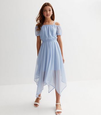 Girls Pale Blue Chiffon Hanky Hem Bardot Midi Dress New Look