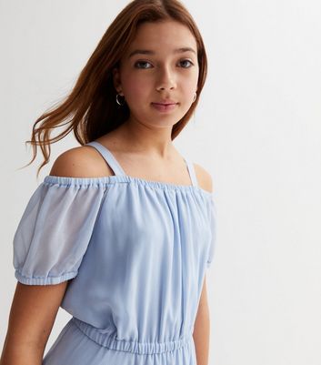 Girls Pale Blue Chiffon Hanky Hem Bardot Midi Dress New Look