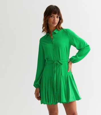 Green Tie Waist Mini Shirt Dress