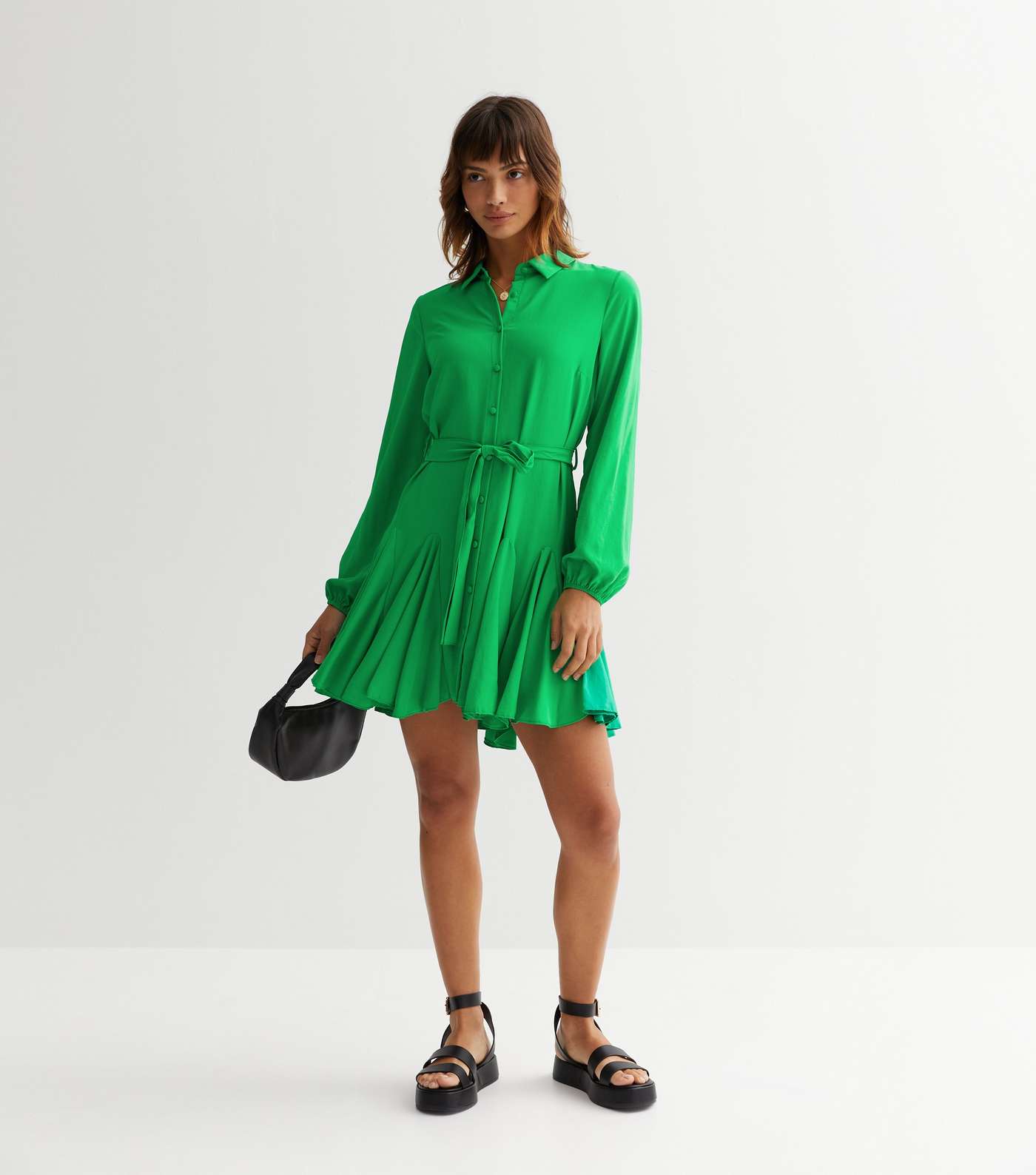 Green Tie Waist Mini Shirt Dress Image 3