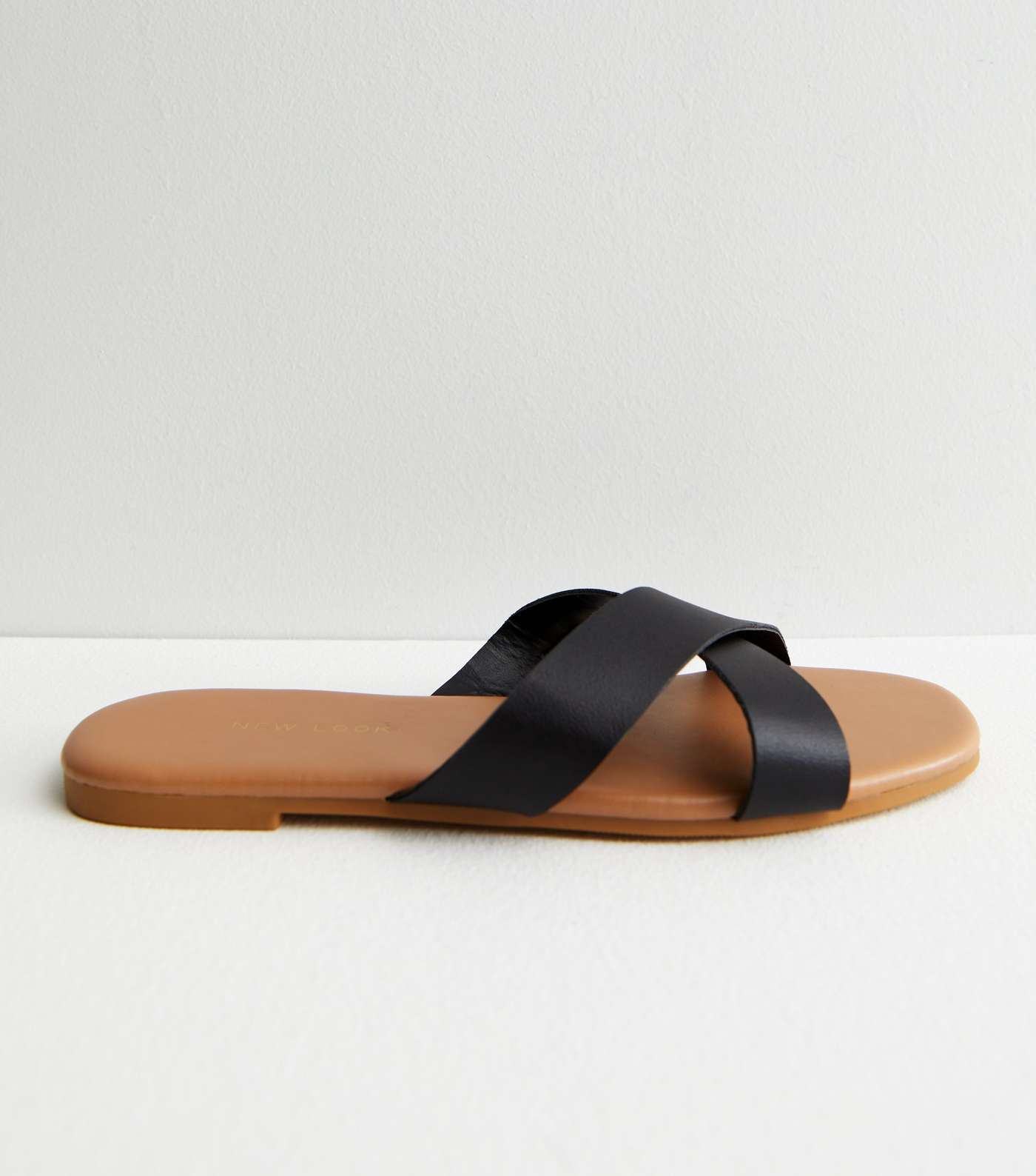 Black Leather-Look Cross Strap Sliders | New Look