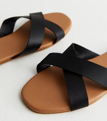 Black Leather-Look Cross Strap Sliders | New Look