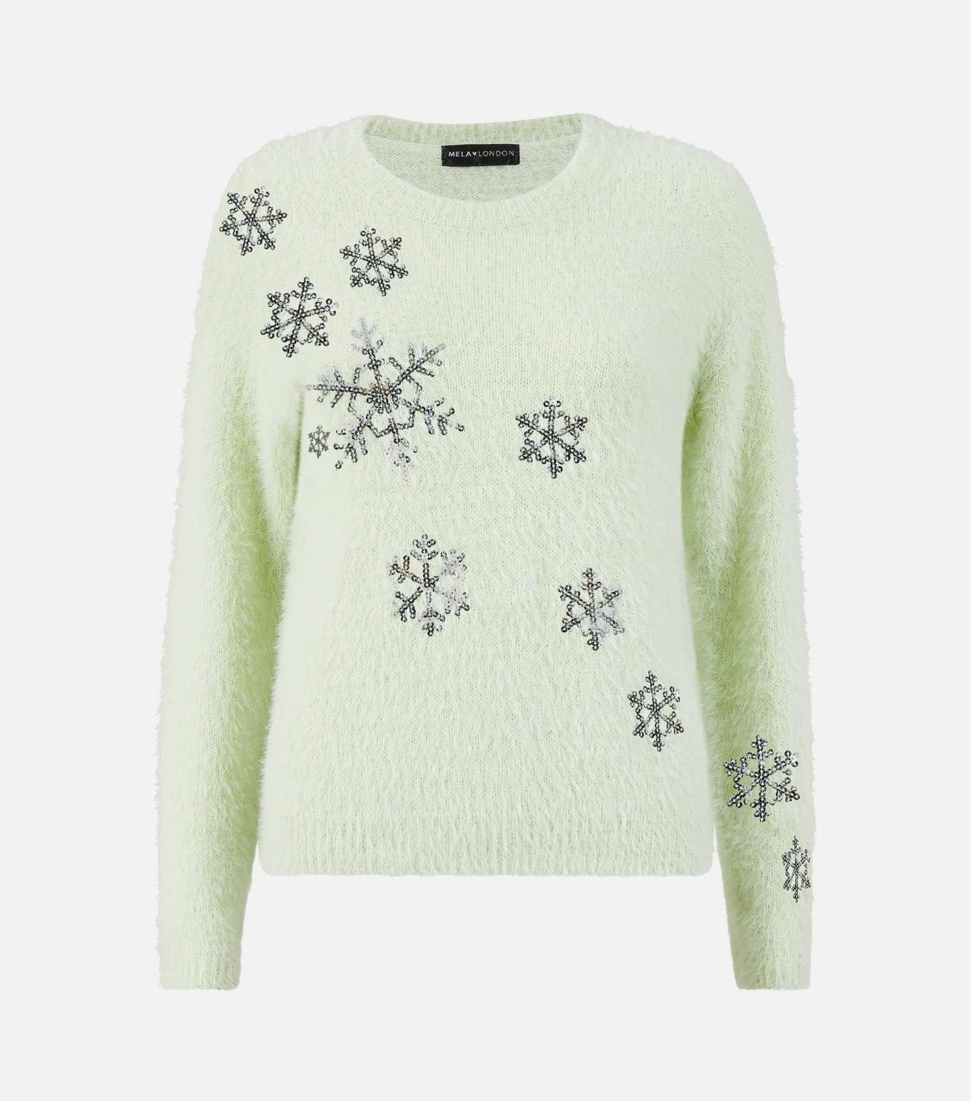 Mela Light Green Sequin Snowflake Fluffy Knit Jumper Image 4
