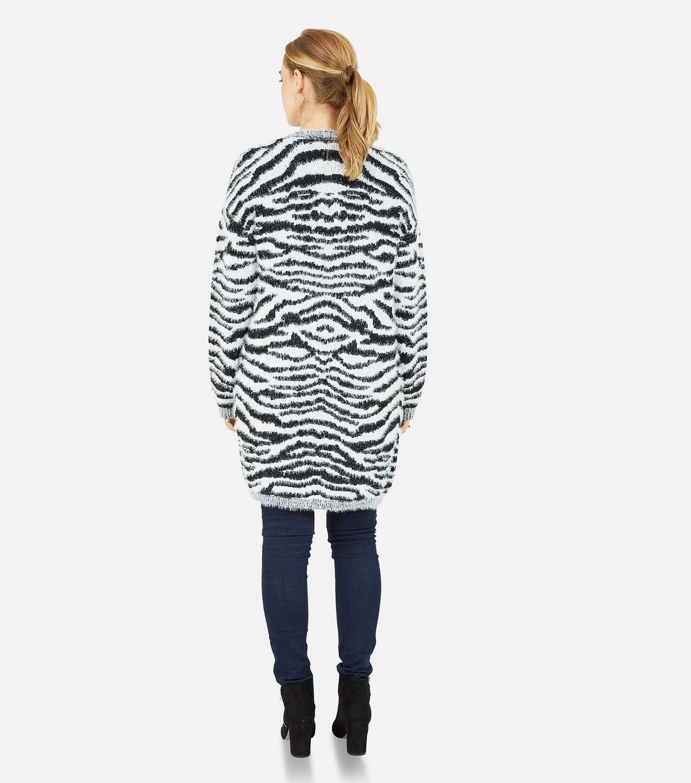 Mela Black Zebra Print Fluffy Knit Long Cardigan Image 4