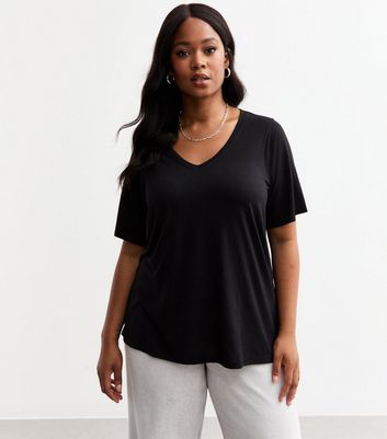 Curves Black V Neck Jersey T Shirt | New Look