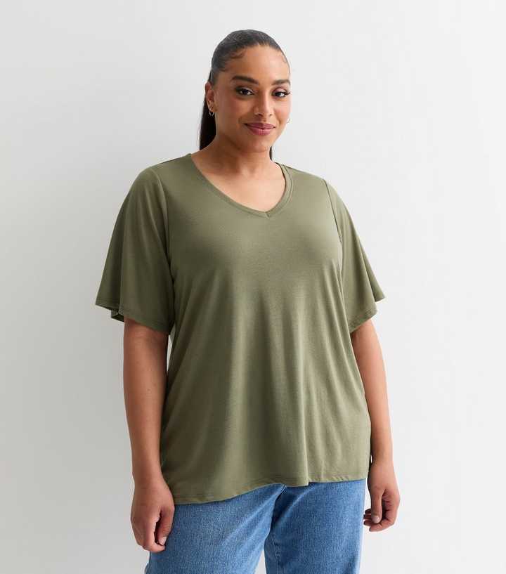 Curves Khaki V Neck Jersey T Shirt