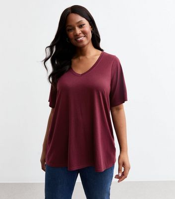 Curves Burgundy V Neck Jersey T Shirt New Look