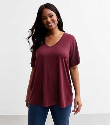 Curves Burgundy V Neck Jersey T Shirt