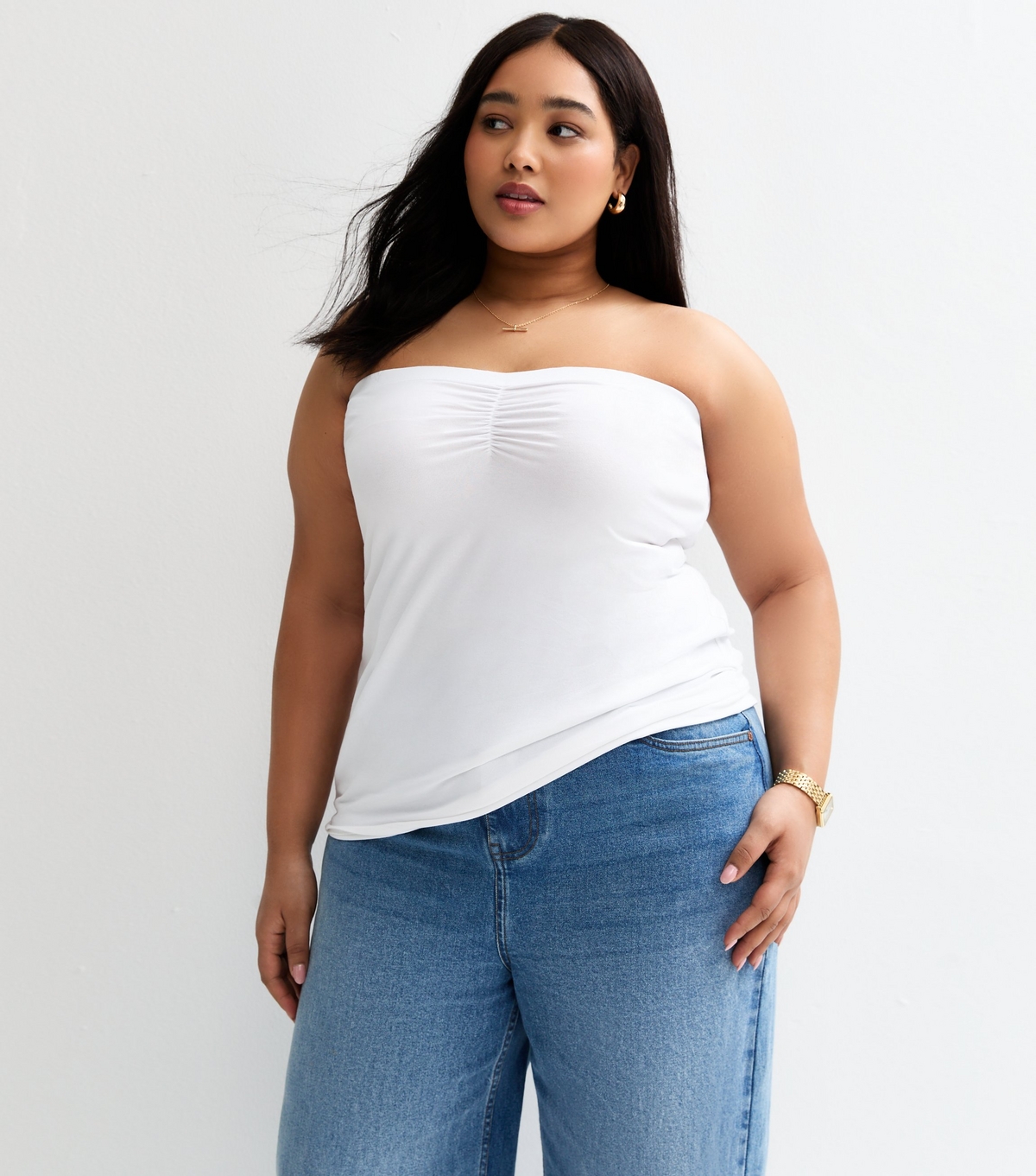Women's Plus Size White Jersey Ruched Bandeau Top Curves New Look