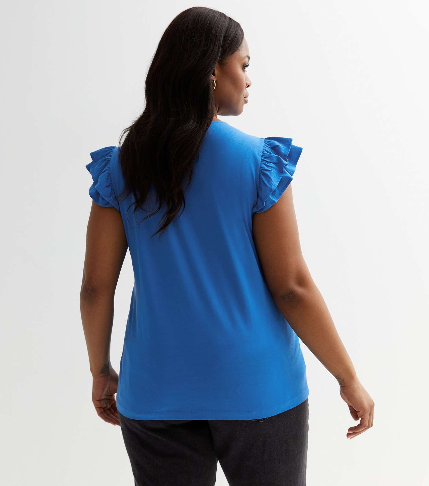Curves Bright Blue Frill Sleeve T-Shirt Image 4