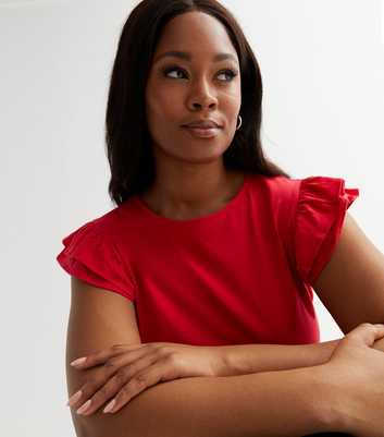 Curves Red Frill Sleeve T-Shirt