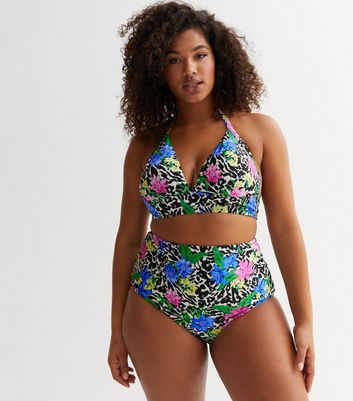 Curves Multicoloured Tropical High Waist Bikini Bottoms New Look