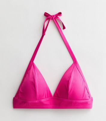Curves Pink Ribbed Long Triangle Bikini Top New Look