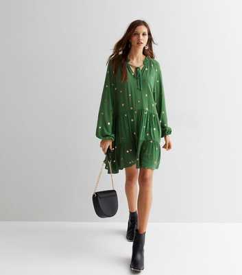Gini London Green Sequin Spot Tie Neck Long Sleeve Mini Smock Dress