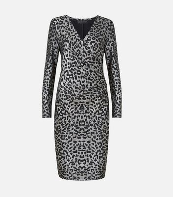 Mela Silver Leopard Print Glitter Long Sleeve Ruched Midi Dress New Look