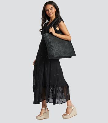 South Beach Black Woven Straw Effect Tote Bag