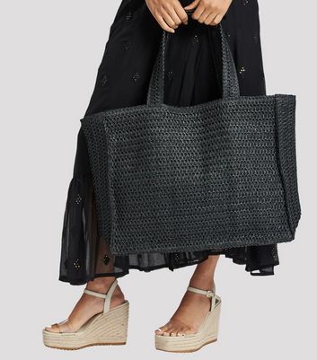 South Beach Black Woven Straw Effect Tote Bag New Look