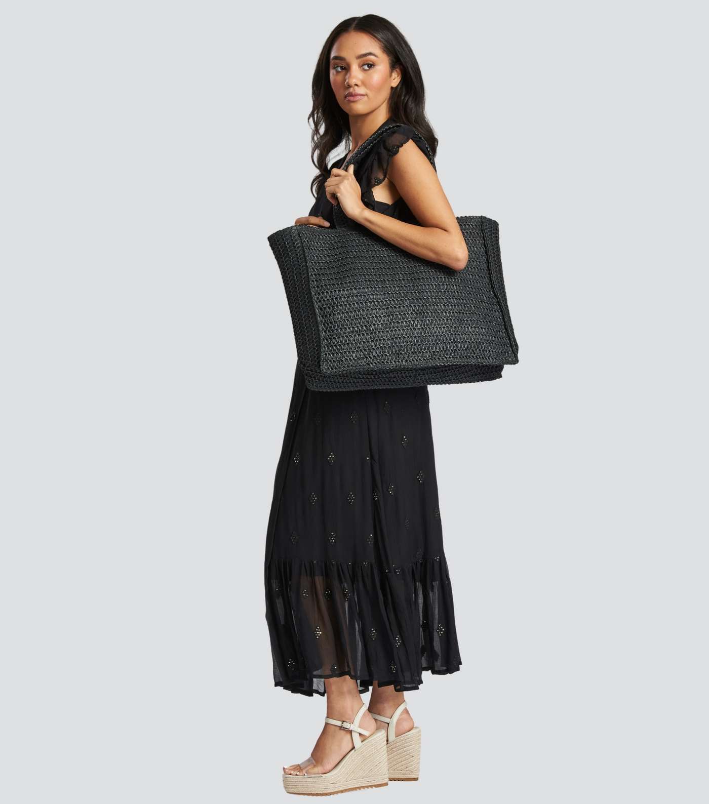South Beach Black Woven Straw Effect Tote Bag Image 3