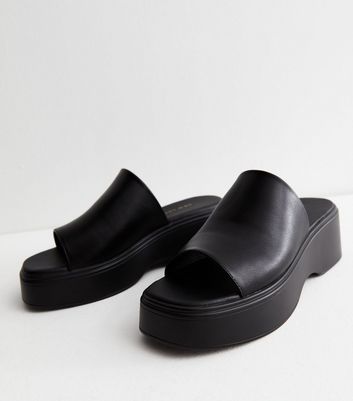 Black Leather Look Chunky Flatform Sliders New Look