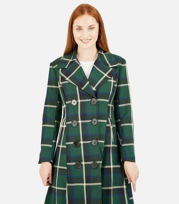 Yumi Green Check Button Front Long Formal Coat New Look