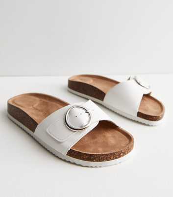 Wide Fit White Leather-Look Buckle Mule Footbed Sliders