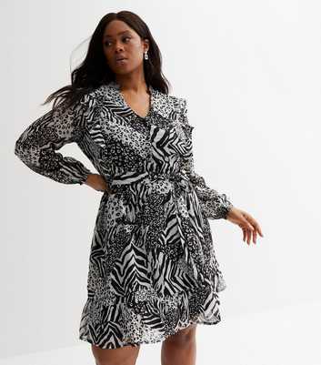 Curves Light Grey Animal Print Frill Belted Mini Shirt Dress