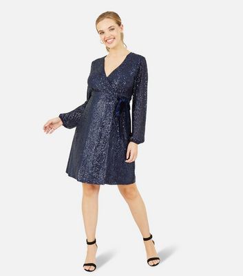 Yumi Navy Sequin V Neck Long Sleeve Mini Wrap Dress