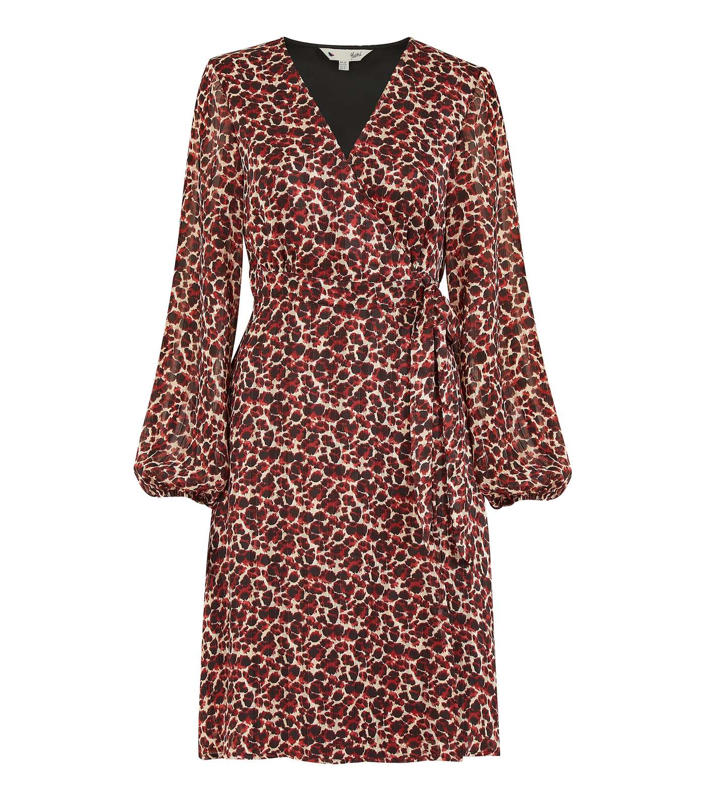 Yumi Burgundy Leopard Print Long Puff Sleeve Mini Wrap Dress Image 4